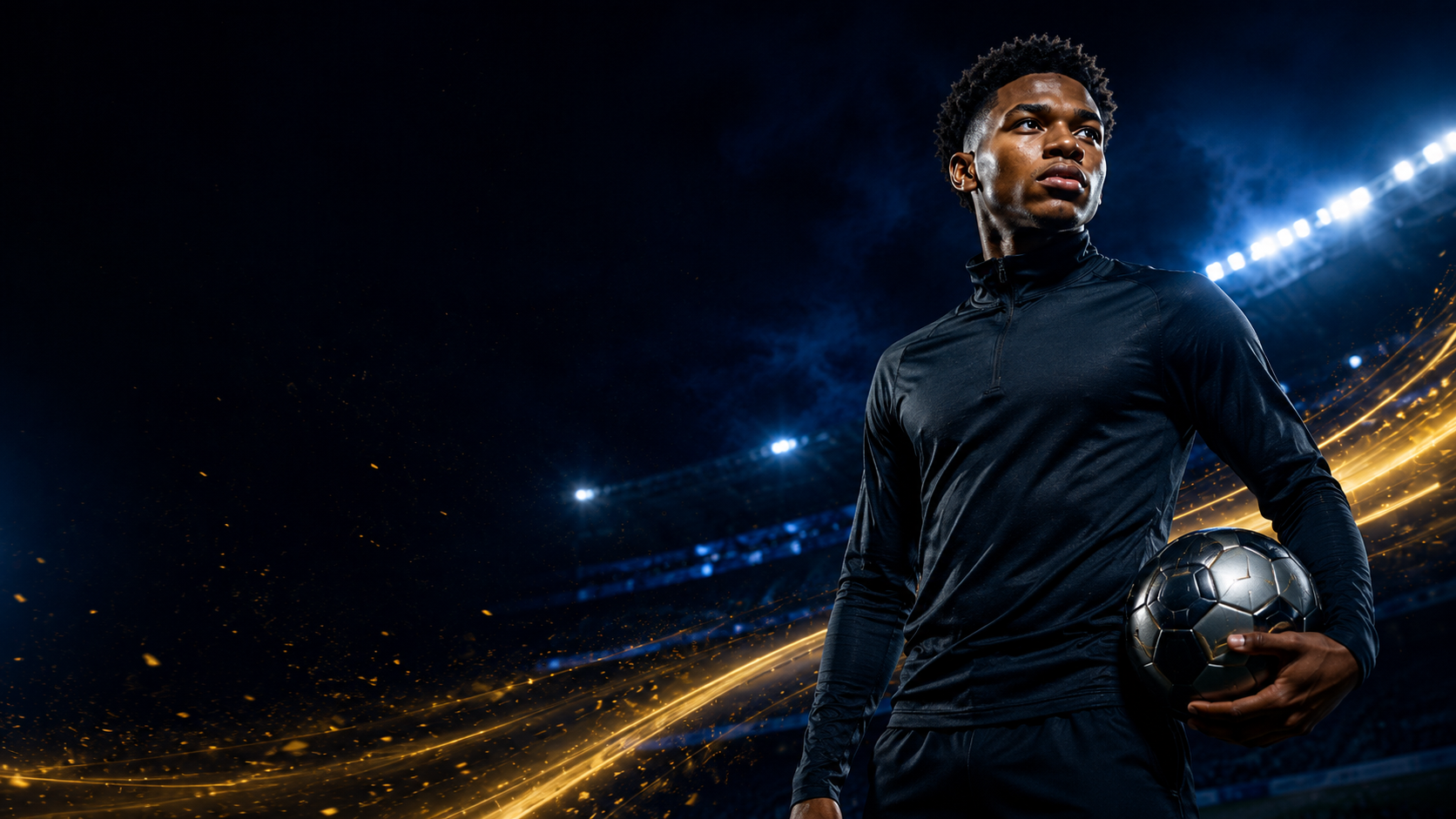 Young athlete holding a football under stadium lights