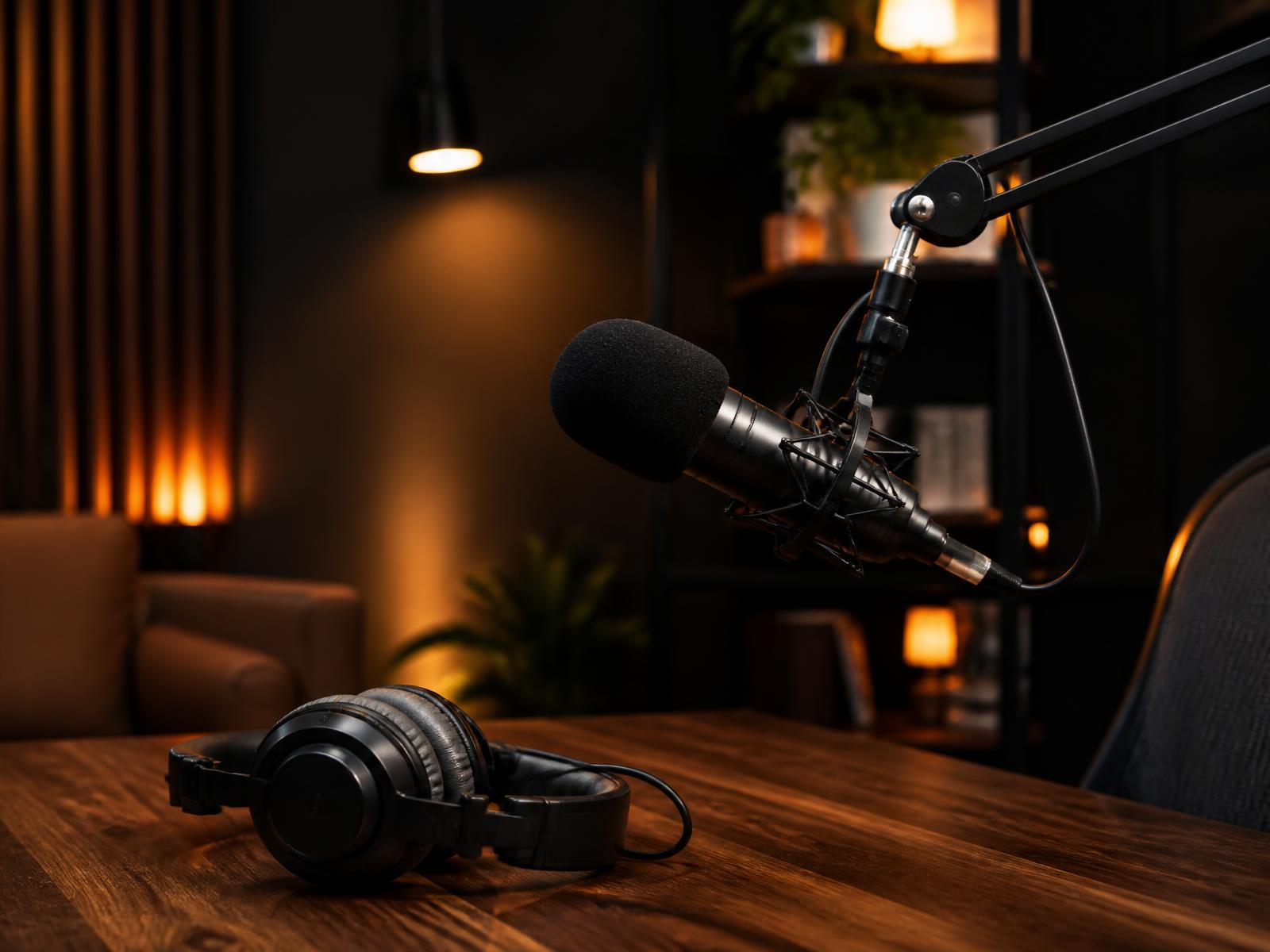 Microphone and headphones set up for a recorded conversation